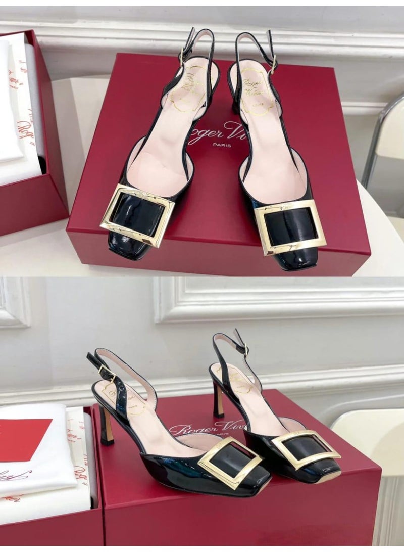 ROGER صندل روجر ترومبيت بكعب عالٍ مفتوح من الخلف مع إبزيم - أسود - Image 2